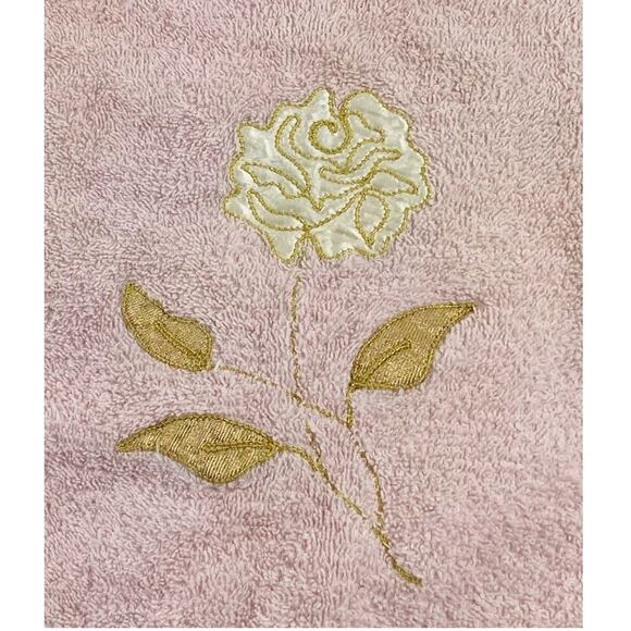 Cannon Bath Body Hand Towel Set Vintage Pink Floral Appliqué Gold Rose USA Flowe - Picture 4 of 16